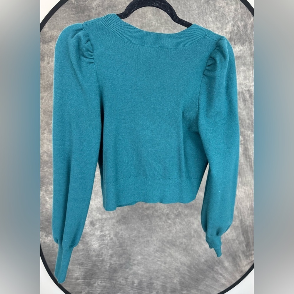 Express Cropped Sweater Top XS | Teal Puff Sleeve Tie-Front | Silver Bows - Picture 4 of 7